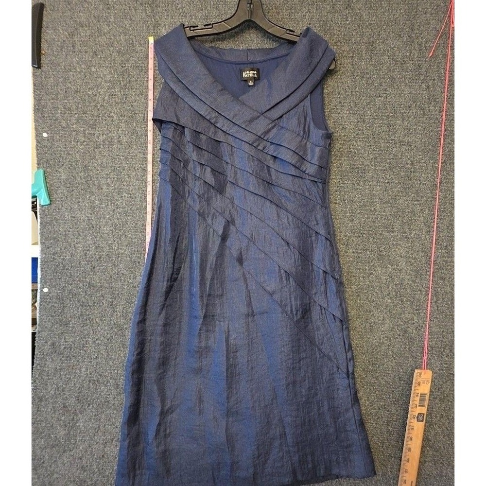 Adrianna Papell Dress Womens 14 Blue Pleated V Neck Sleeveless Sheath